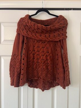 Free People Rust Cable-Knit Off-Shoulder Sweater